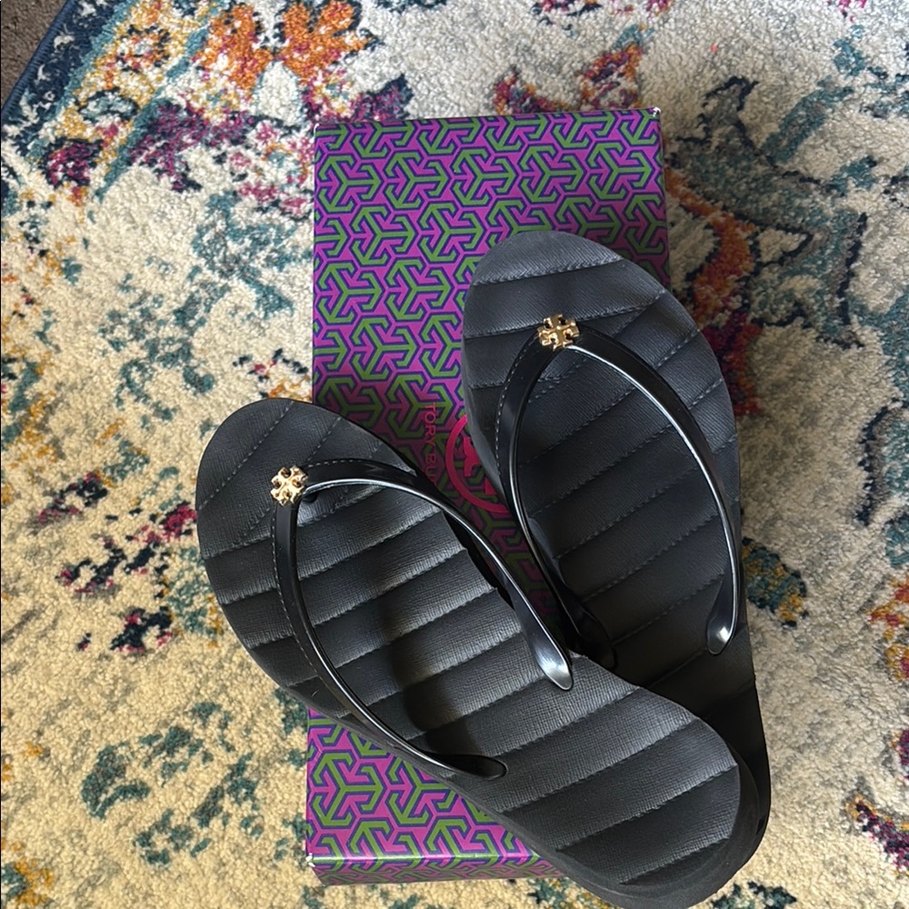 Tory Burch Black Sandals with Gold Logo